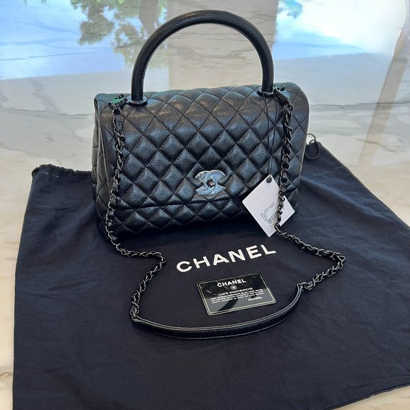 CHANEL 20A RARE BLACK ON BLACK MEDIUM FLAP BAG WITH HANDLE NWTS! - Picture 1 of 17